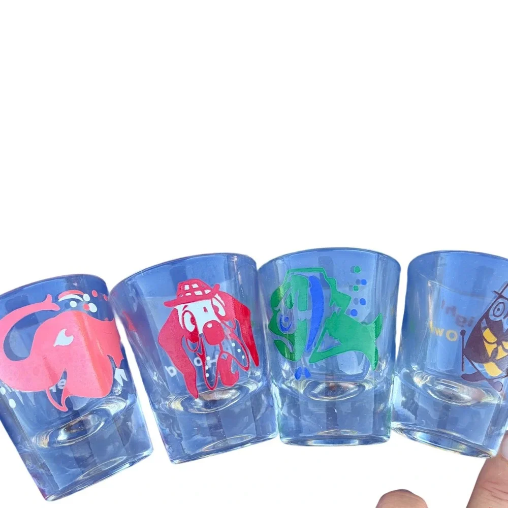 Vintage Style Novelty Shot Glass Set of 4 Pink Elephant Booze Hound Night Owl